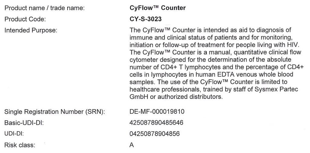 CD4 FLOW CYTOMETER (Partec Cyflow II) absol & %, 3 detectors