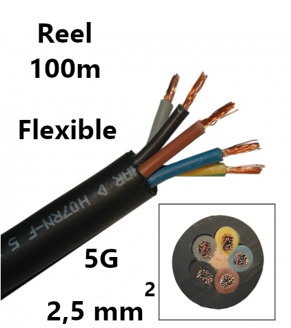 CABLE souple, caoutchouc, 5G2,5mm², bobine 100m