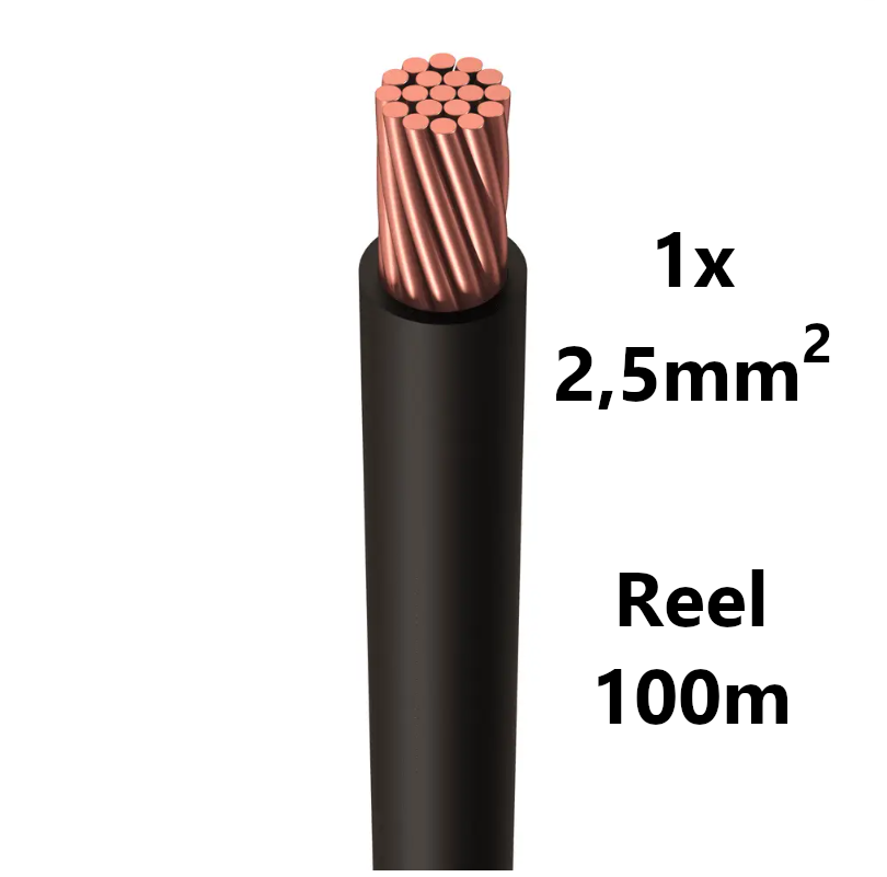 FIL DE CABLAGE souple, étamé, 2,5mm², noir, bobine 100m