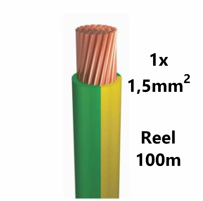 FIL DE CABLAGE souple, étamé, 1,5mm², vert/jaune,bobine 100m
