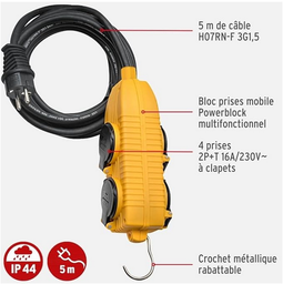 [PELEEXTD0524E] RALLONGE MULTIPRISE, 3G 2,5²/5m,4x2P+T/16A,IP44,type E+F/EUR
